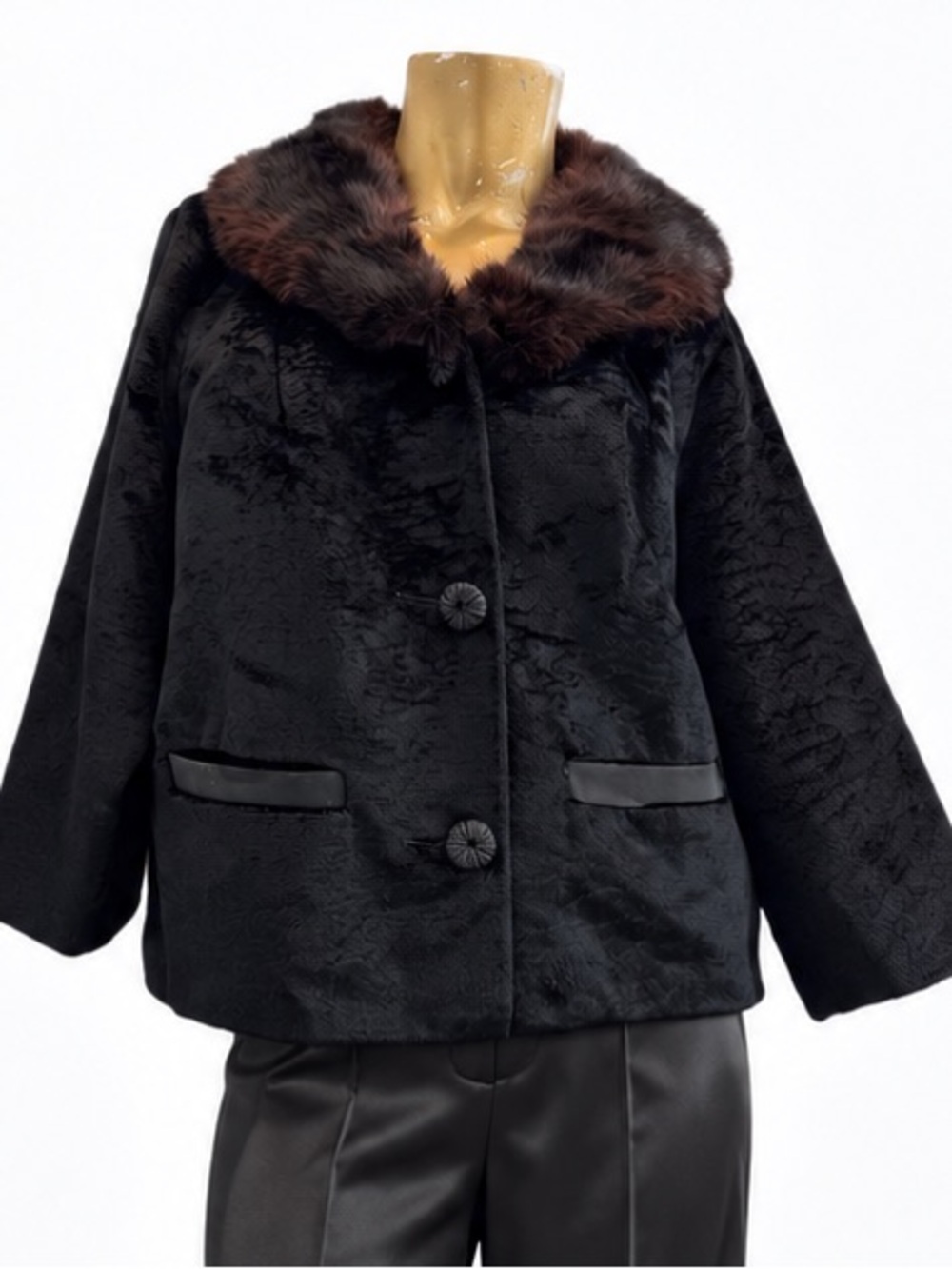 Vintage 1950s 60s Black Velvet Evening Jacket Genuine Fur Mink Collar size XL
